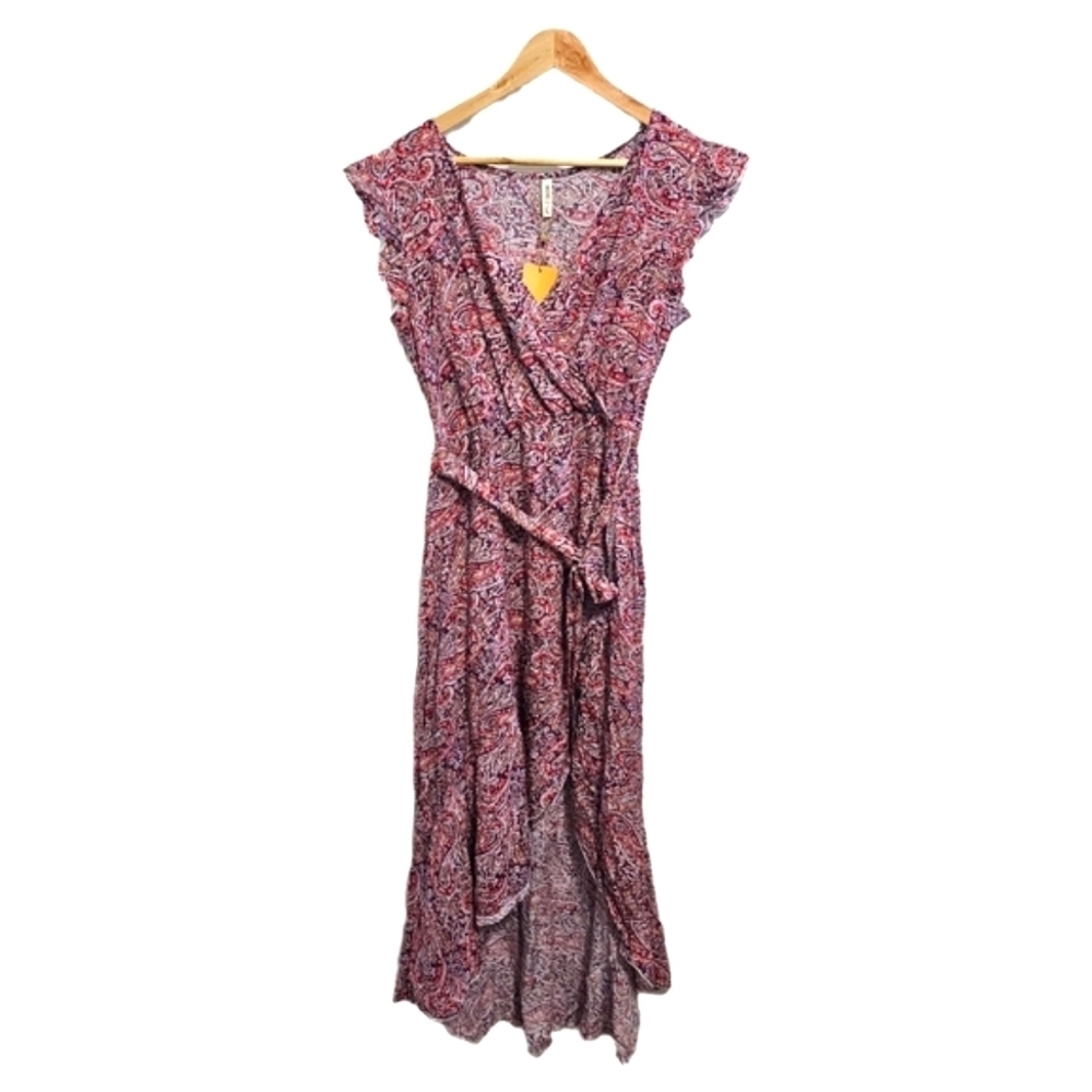 Paisley boho cherry burgundy print short sleeve wrap maxi dress NWT